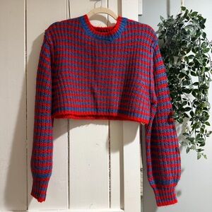 Zara Red and Blue Striped Fuzzy Knit Sweater